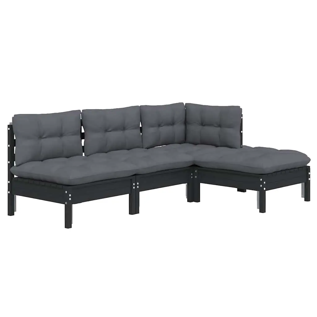 Garden Lounge Set Outdoor 4 Piece Black Pinewood Patio Furniture with Cushions