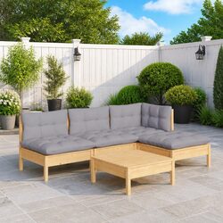 5 Piece Garden Lounge Set Pinewood Outdoor Patio Furniture with Grey Cushions