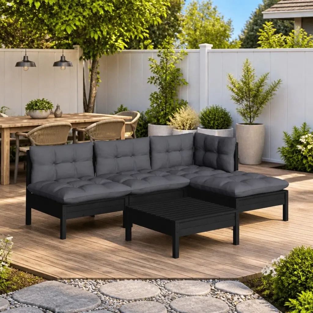 Outdoor Furniture Set 5 Piece Modular Black Pinewood Lounge for Patio Spaces