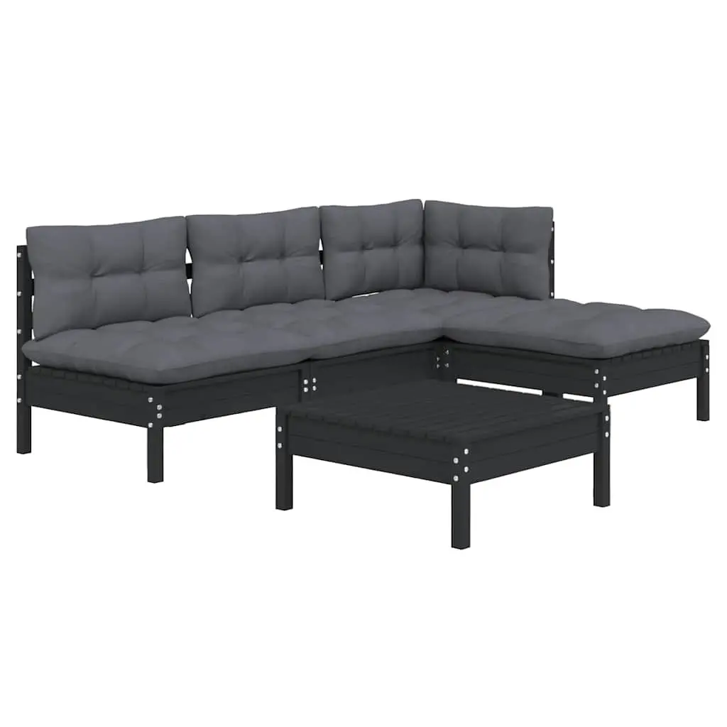 Outdoor Furniture Set 5 Piece Modular Black Pinewood Lounge for Patio Spaces