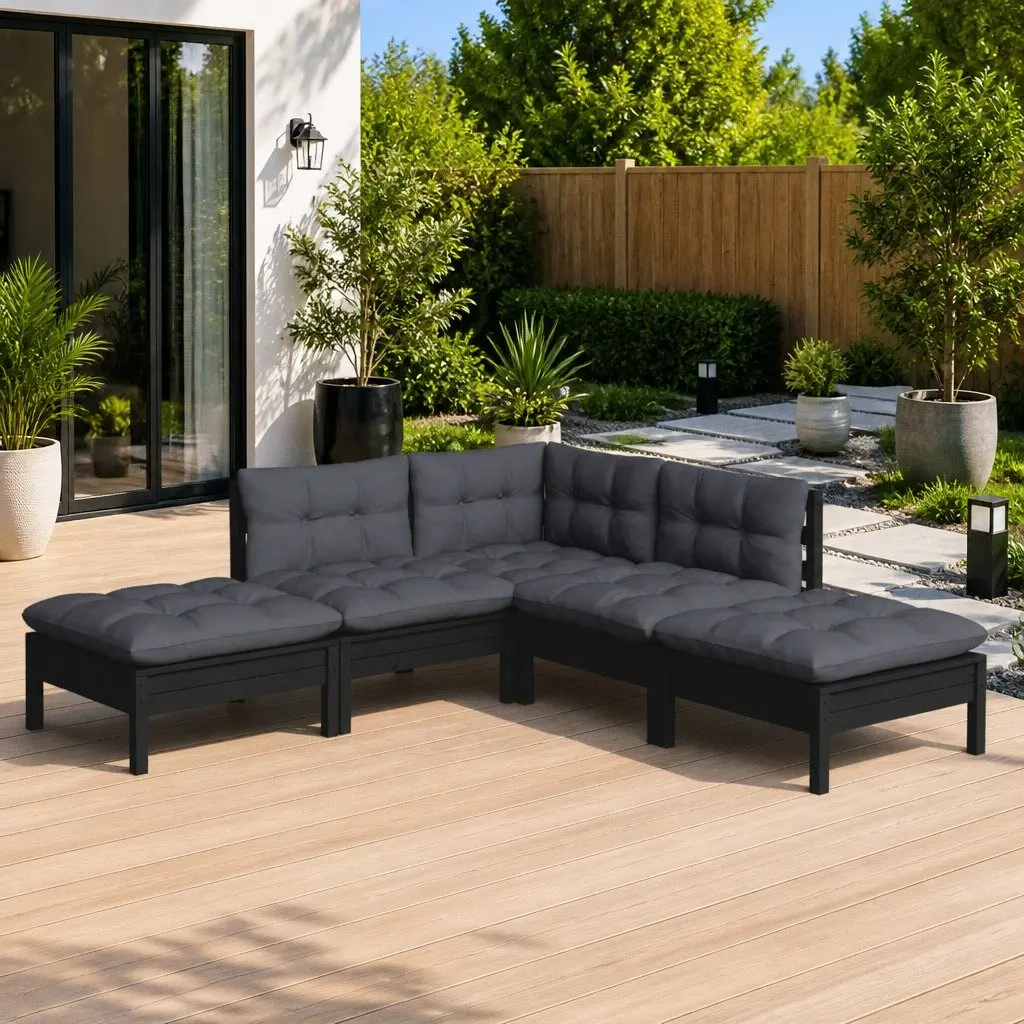 Garden Lounge Set Outdoor Furniture 5 Piece Black Pinewood with Cushions