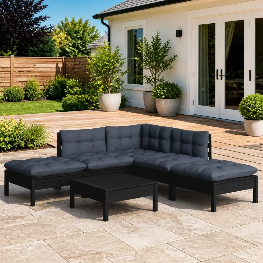 Garden Lounge Set Outdoor Furniture 6 Piece Black Pinewood with Cushions