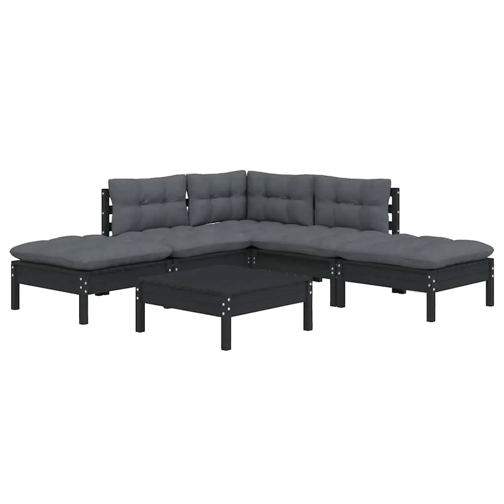 Garden Lounge Set Outdoor Furniture 6 Piece Black Pinewood with Cushions