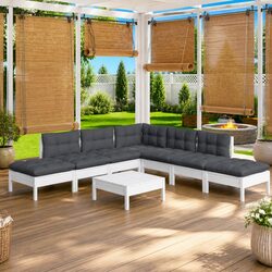 Garden Lounge Set 8 Piece White Pinewood Outdoor Furniture with Cushions Patio
