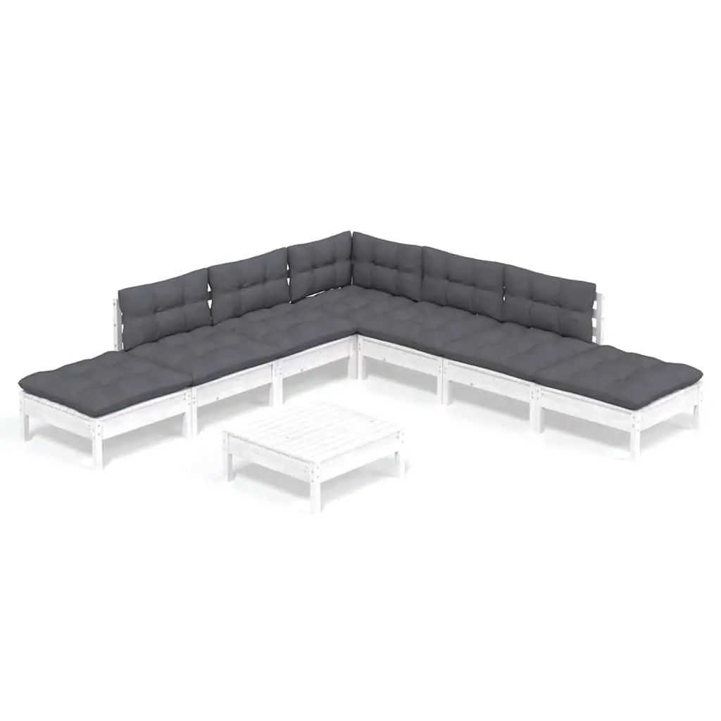 8 Piece Modular Garden Lounge Set White Pinewood Outdoor Furniture with Cushions