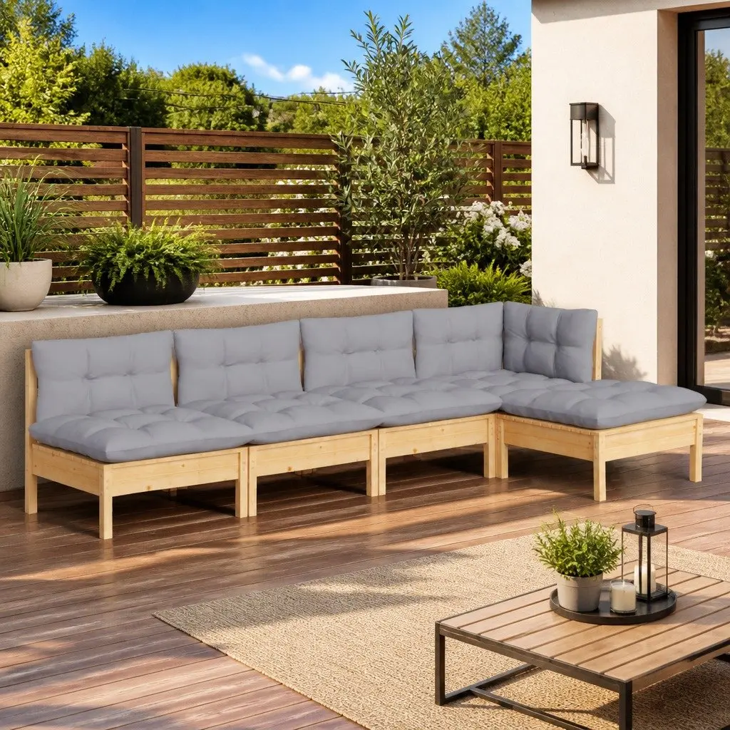 Garden Lounge Set Outdoor Patio Furniture 5 Piece Grey Cushions Pinewood