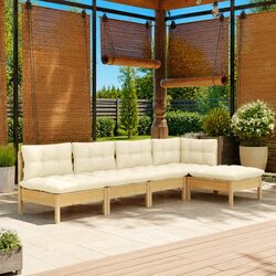 5-Piece Patio Lounge Set with Pinewood and Cream Cushions
