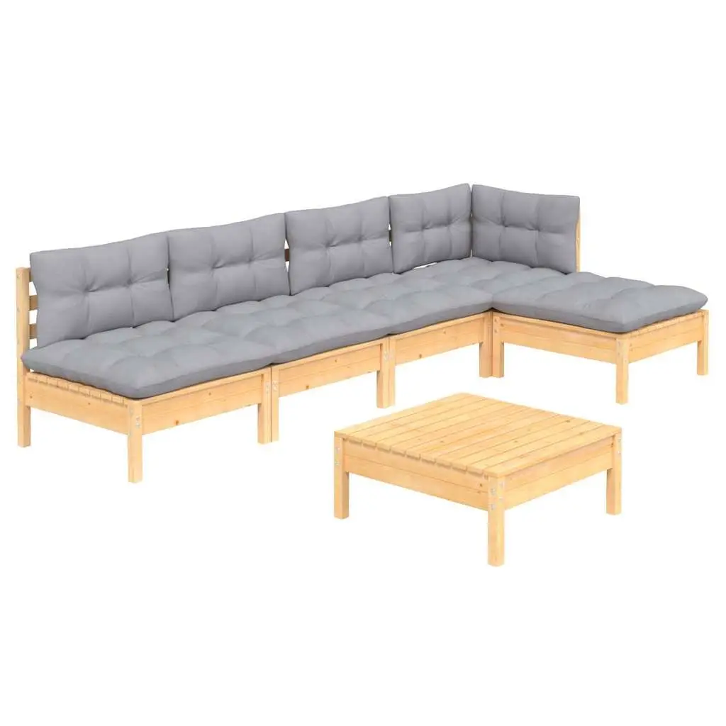 Garden Lounge Set Outdoor Furniture 6 Piece Pinewood with Grey Cushions