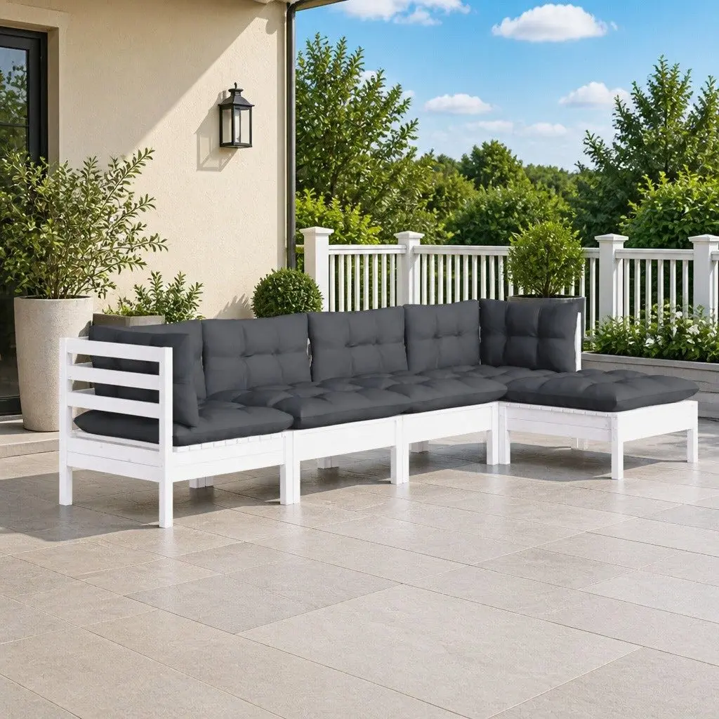 Modular Garden Lounge Set 5 Piece White Outdoor Furniture for Patio with Cushions