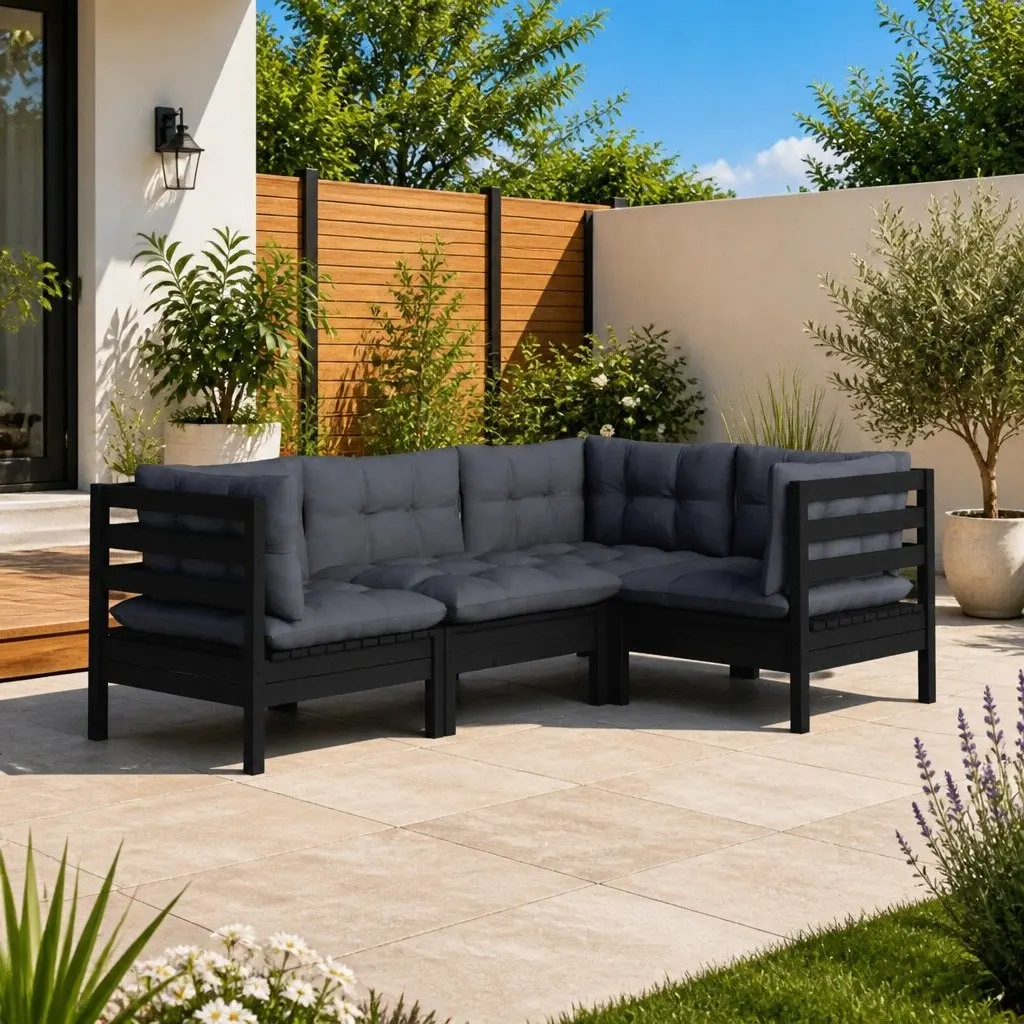 Outdoor Patio Furniture Set 4 Piece Black Pinewood Lounge with Cushions for Garden Use