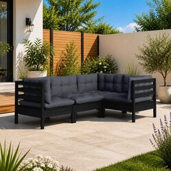 4-Piece Modular Black Pinewood Garden Lounge Set