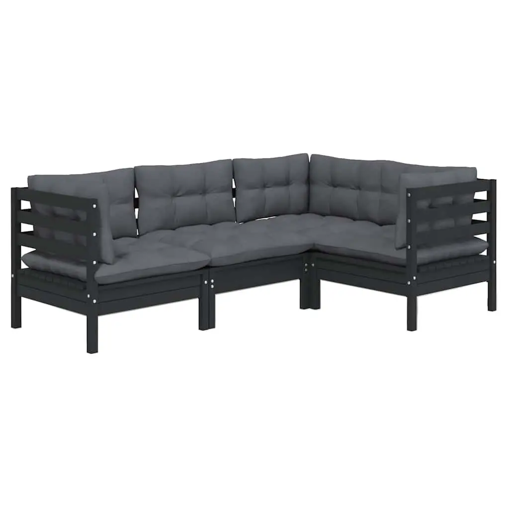 Outdoor Patio Furniture Set 4 Piece Black Pinewood Lounge with Cushions for Garden Use