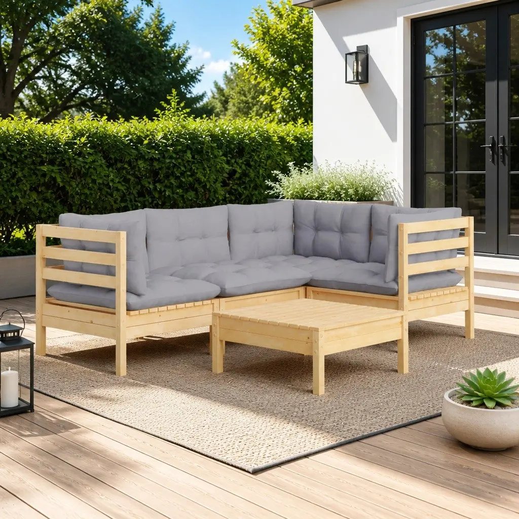 Garden Lounge Set 5 Piece Outdoor Seating Wooden Patio Furniture with Grey Cushions