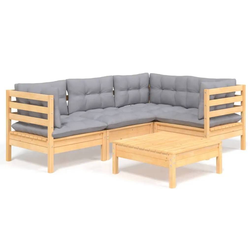 Garden Lounge Set 5 Piece Outdoor Seating Wooden Patio Furniture with Grey Cushions