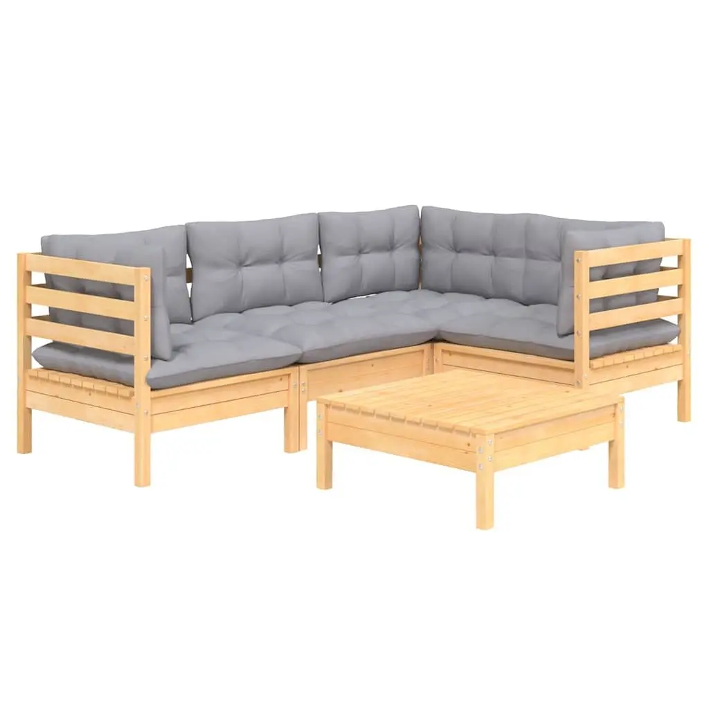 Garden Lounge Set 5 Piece Outdoor Seating Wooden Patio Furniture with Grey Cushions