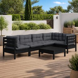 6 Piece Garden Lounge Set with Cushions Black Pinewood Patio Furniture
