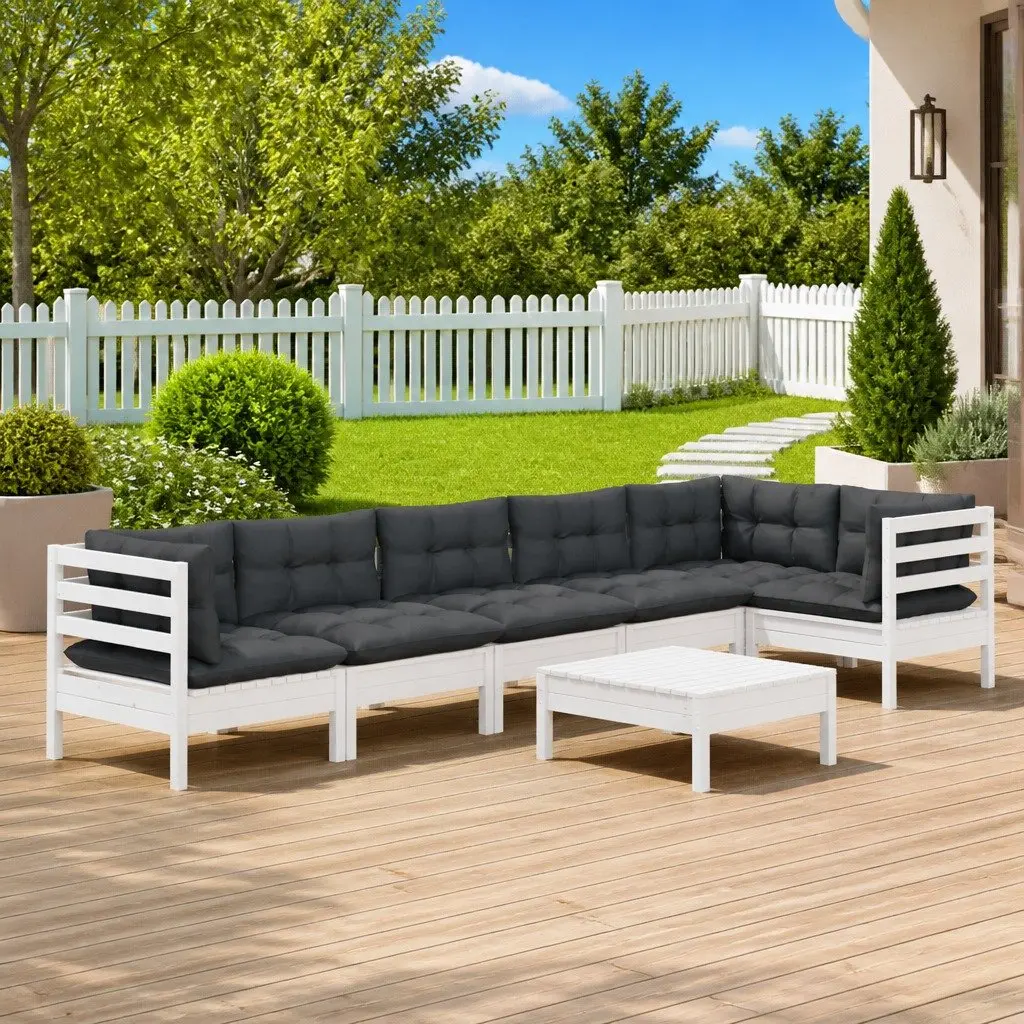 7 Piece Garden Lounge Set White Pinewood Outdoor Furniture with Cushions