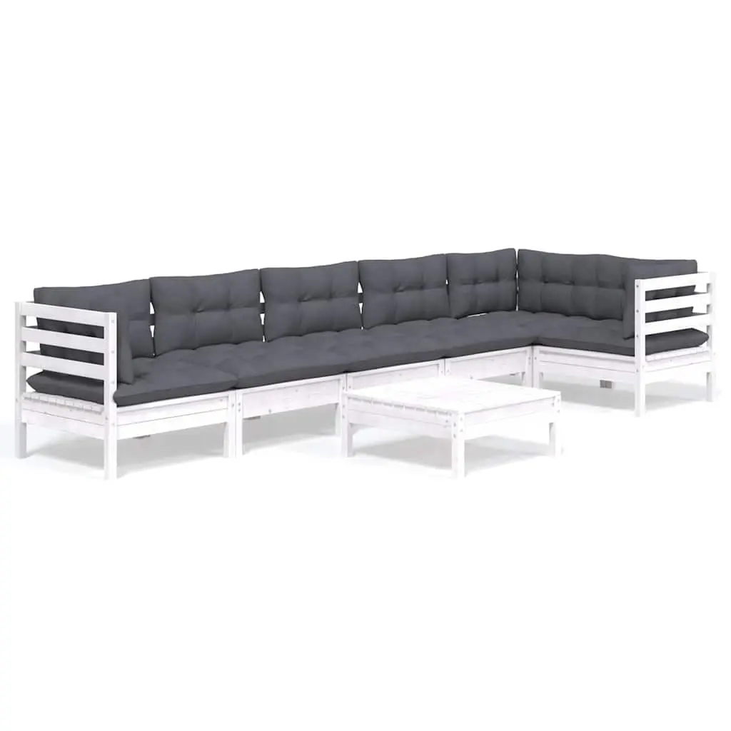 7 Piece Garden Lounge Set White Pinewood Outdoor Furniture with Cushions