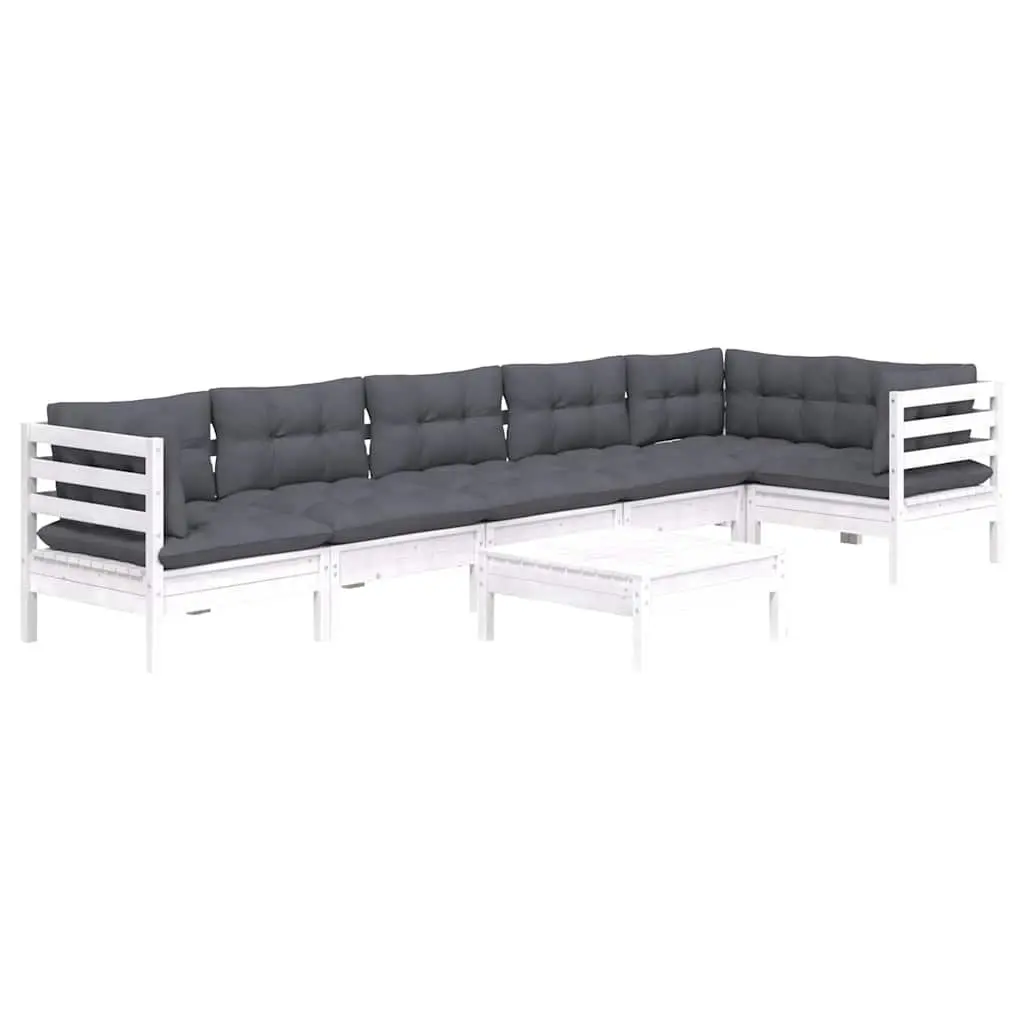 7 Piece Garden Lounge Set White Pinewood Outdoor Furniture with Cushions