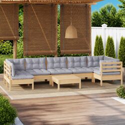 Garden Lounge Set 8 Piece Outdoor Patio Furniture with Grey Cushions Pinewood