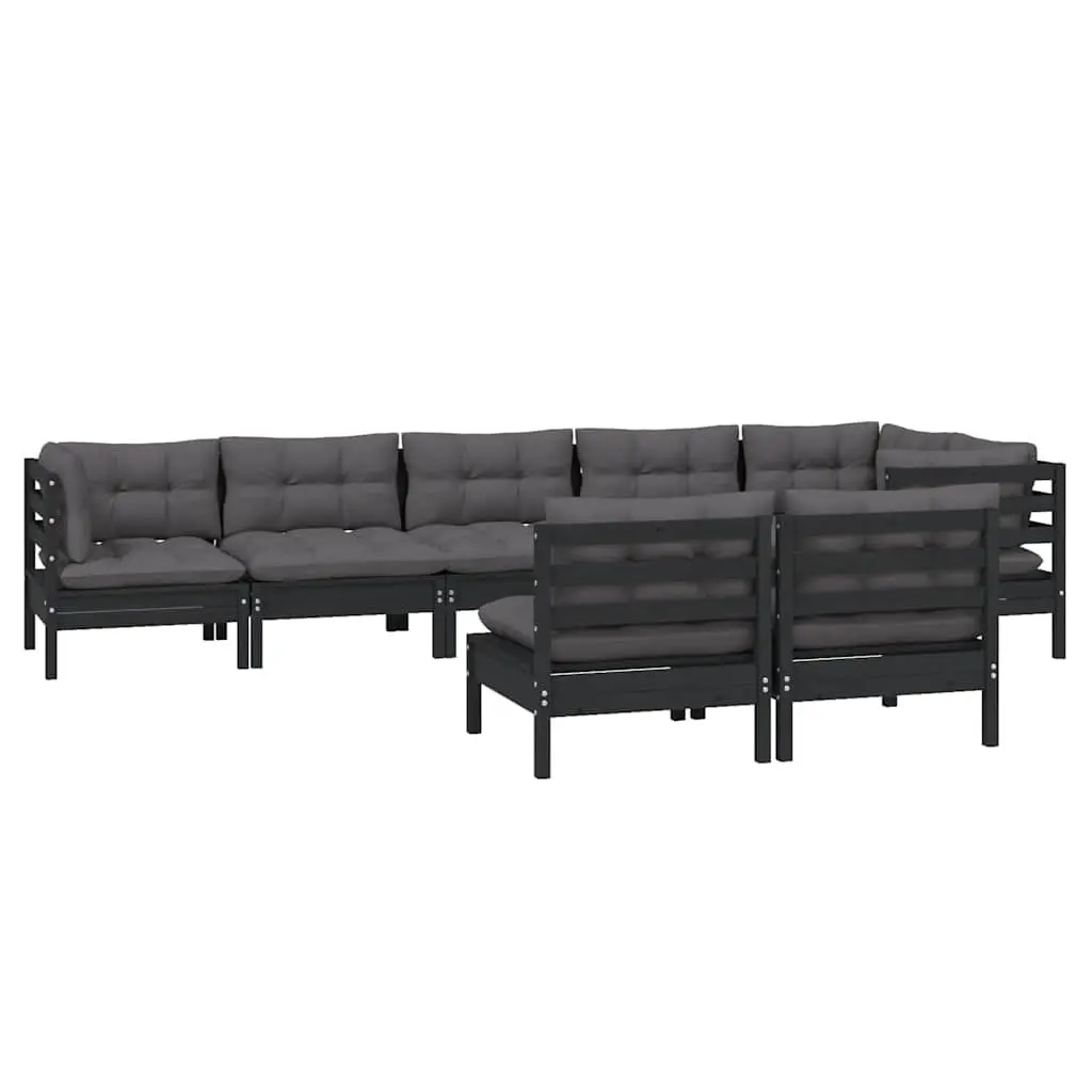 8 Piece Garden Lounge Set with Cushions Black Solid Pinewood Outdoor Patio