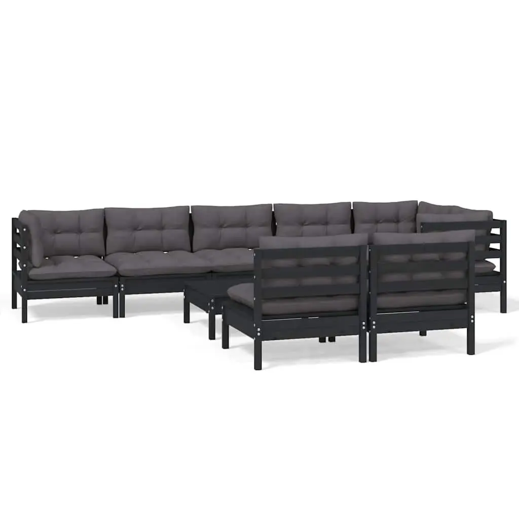 Garden Lounge Set 9 Piece Patio Furniture with Cushions Black Solid Pinewood