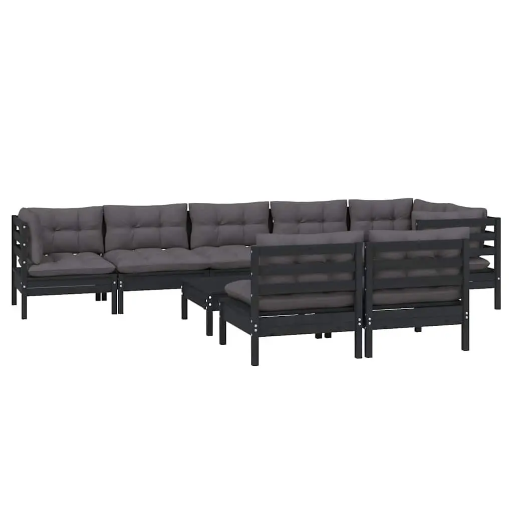 Garden Lounge Set 9 Piece Patio Furniture with Cushions Black Solid Pinewood