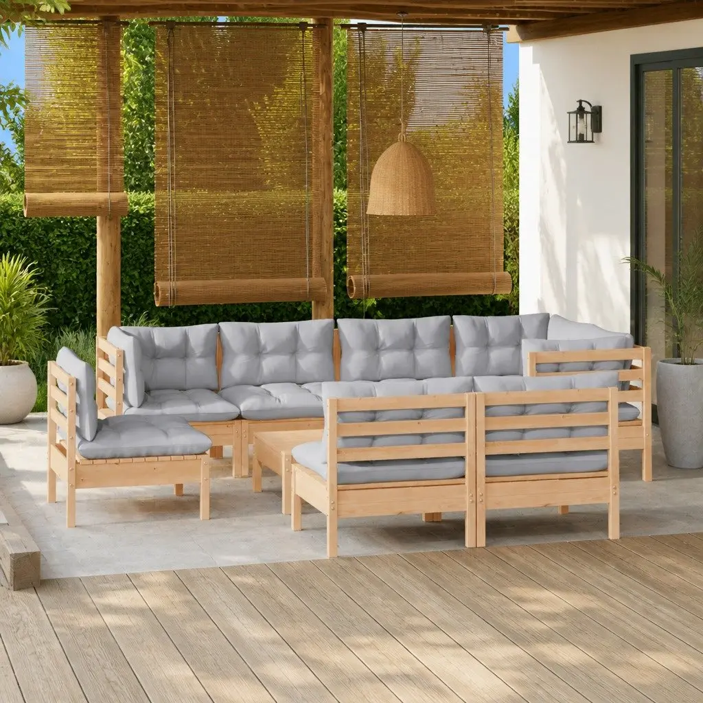 Garden Lounge Set Outdoor Patio Furniture 9 Piece Grey Cushions Pinewood