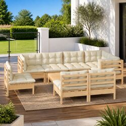 9 Piece Garden Lounge Set - Solid Pinewood & Cream Cushions