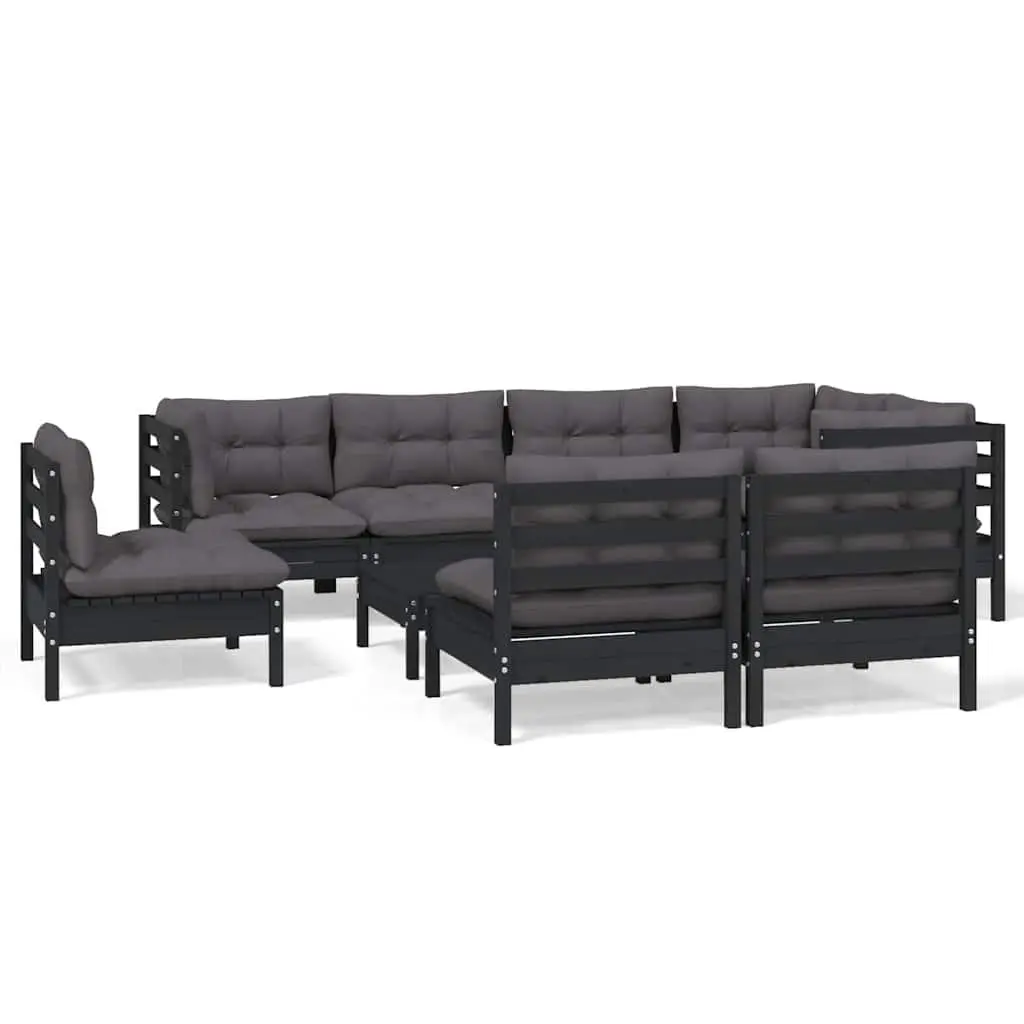 Modular Outdoor Patio Lounge Set 9 Piece Cushioned Black Solid Pinewood