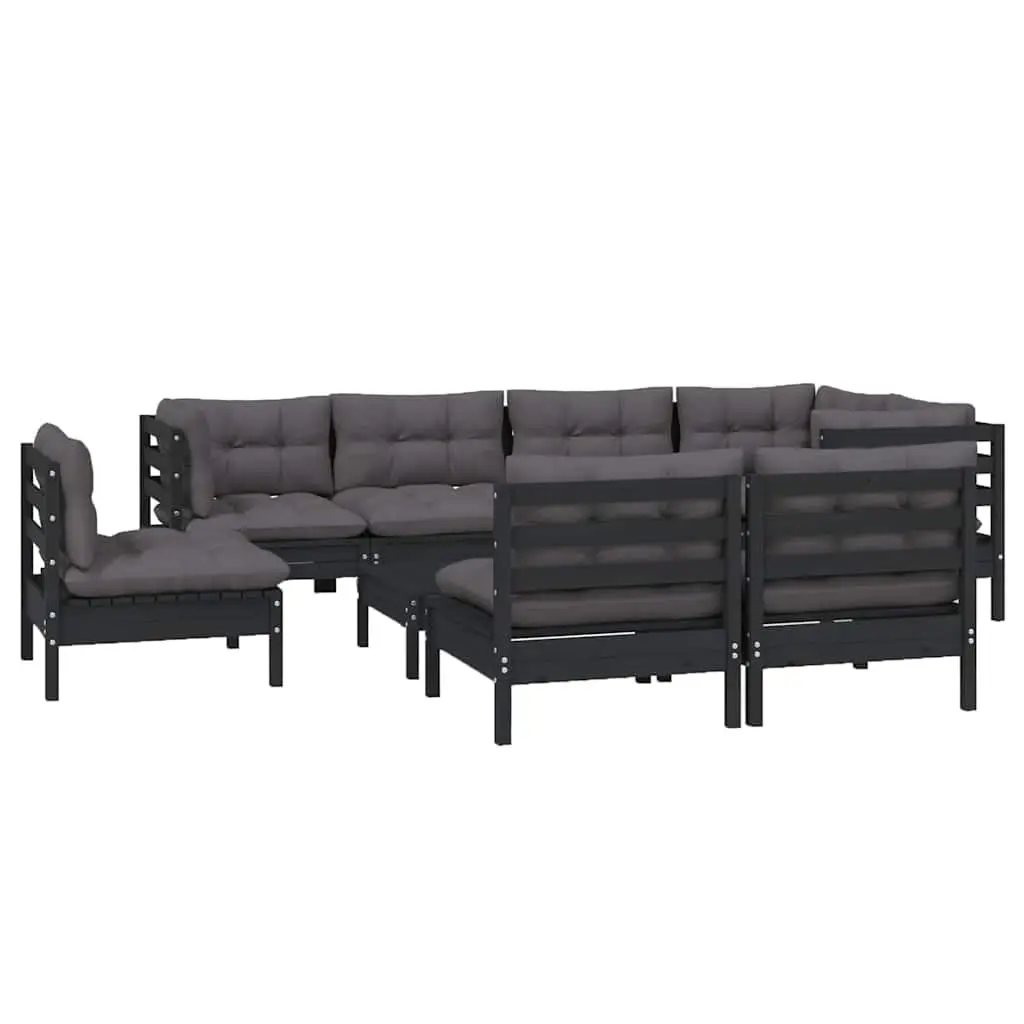 Modular Outdoor Patio Lounge Set 9 Piece Cushioned Black Solid Pinewood