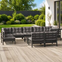 Garden Lounge Set 10 Piece Outdoor Furniture Black Pinewood Patio Sectional