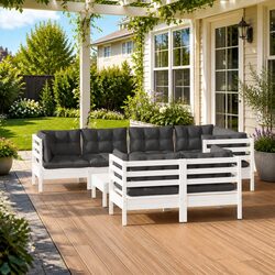 8-Piece Modular Lounge Set: White Pinewood and Cushions Included