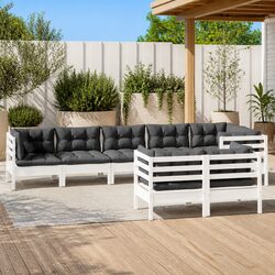 Garden Lounge Set - 8 Pieces, White Pinewood with Cushions