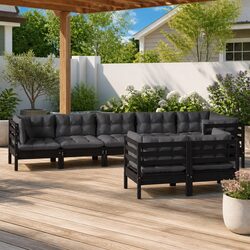 Garden Lounge Set 8 Piece - Black Pinewood, Cushions Included