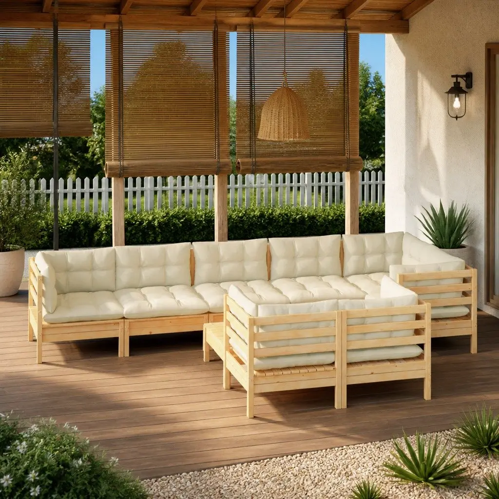 Garden Lounge Set Outdoor Patio Furniture 9 Piece Solid Pinewood Cream Cushions