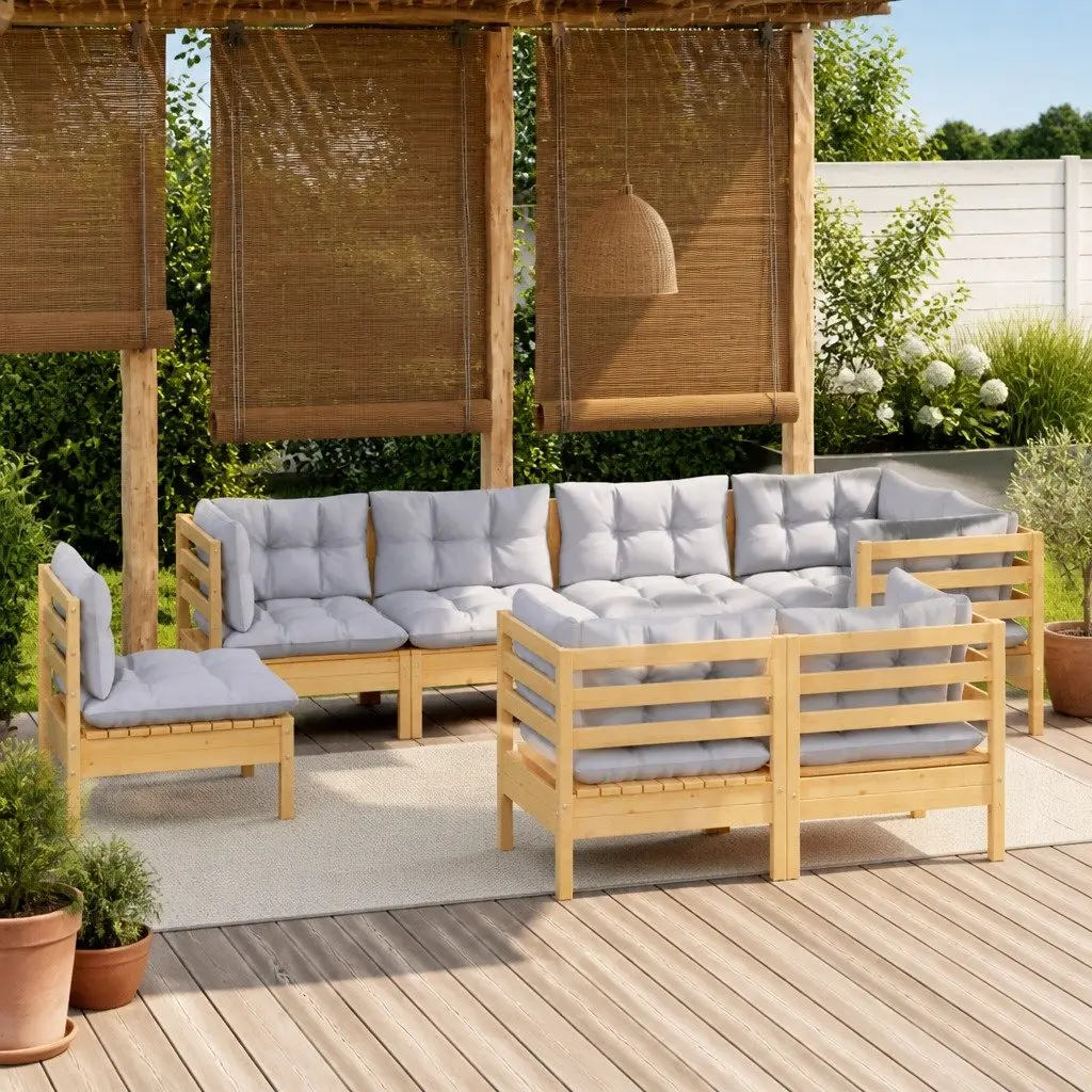 Garden Lounge Set Outdoor Furniture Patio Sofa 8 Piece Grey Cushions Pinewood