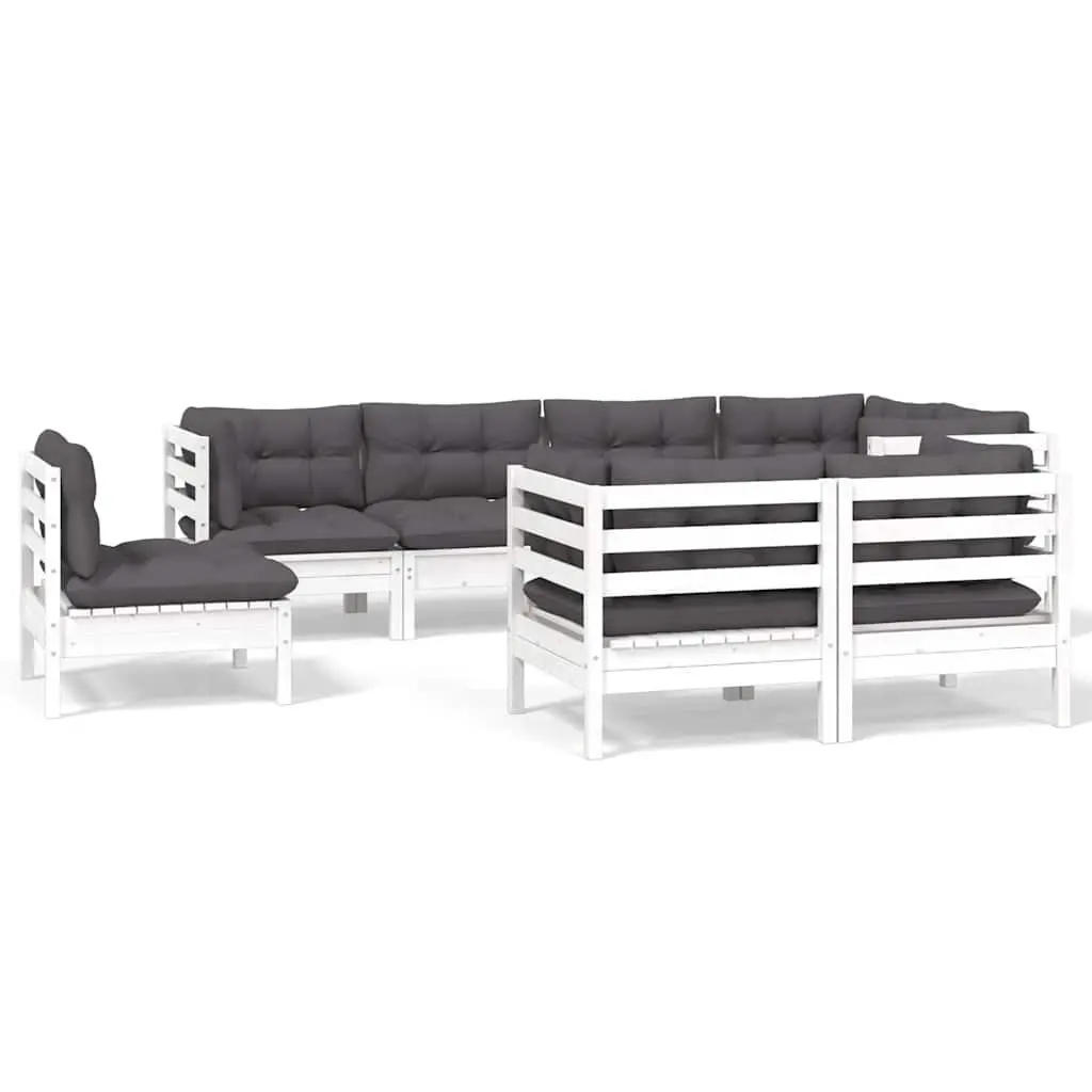 Modular 8 Piece Outdoor Patio Furniture Set for Garden Use Solid Pinewood with White Cushions