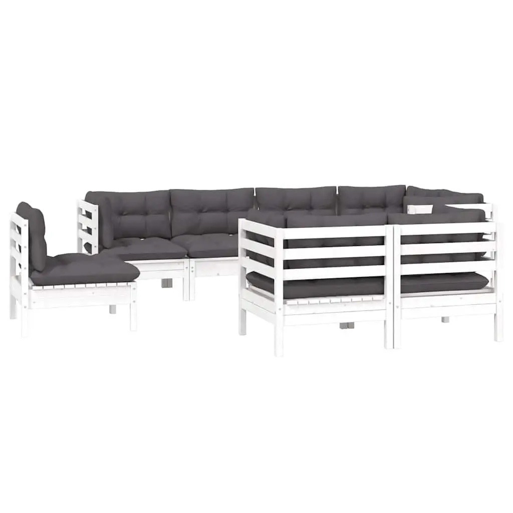 Modular 8 Piece Outdoor Patio Furniture Set for Garden Use Solid Pinewood with White Cushions