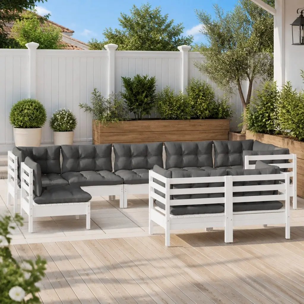 9PieceOutdoorLoungeSetWhitePinewoodCushionsGardenFurniturePatio