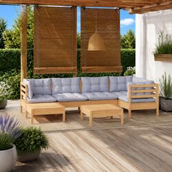 7 Piece Modular Garden Lounge Set: Grey Cushions and Pinewood