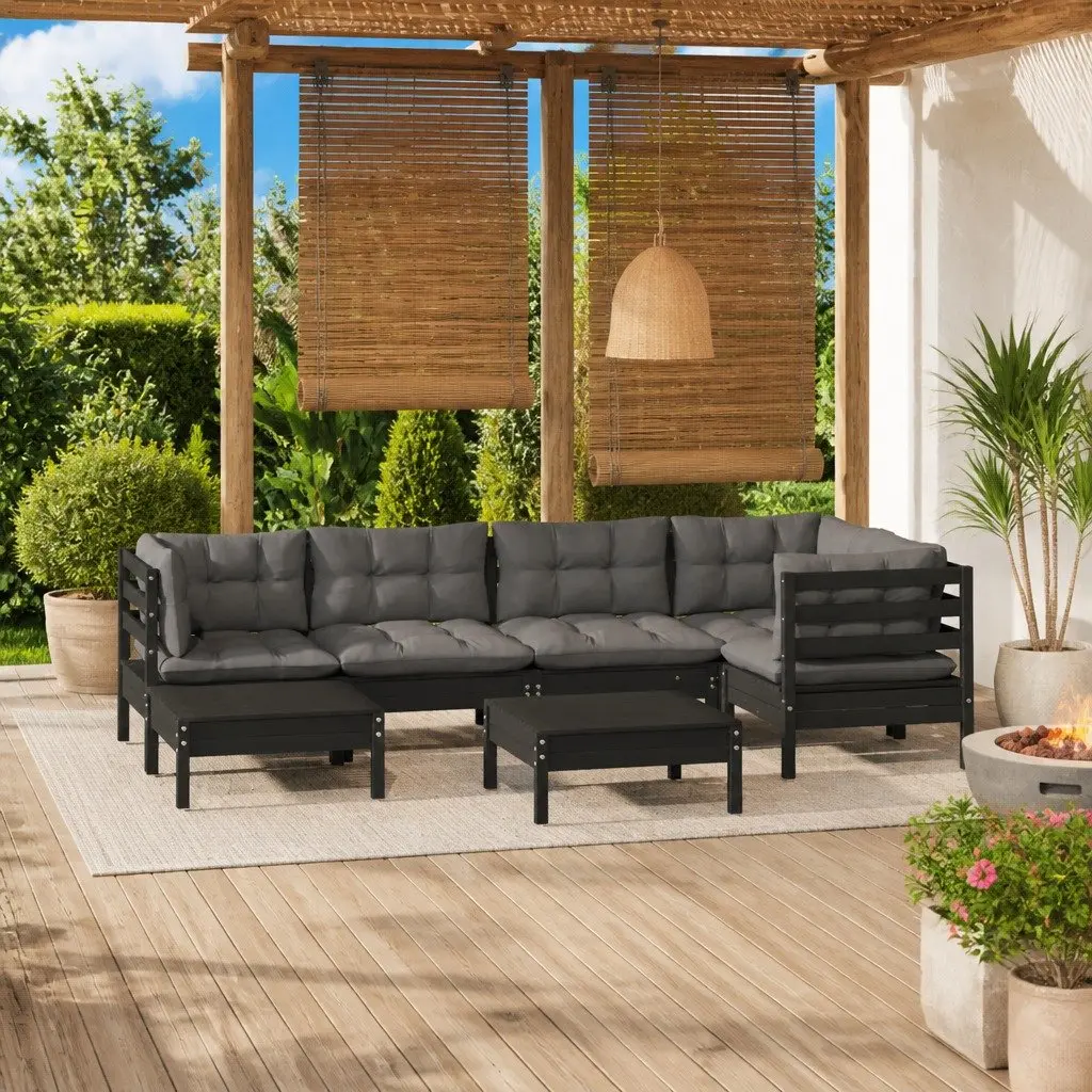 7 Piece Black Garden Lounge Set with Cushions