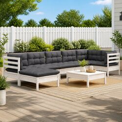 8 Piece Garden Lounge Set - White Solid Pinewood with Cushions