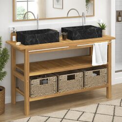 Bathroom Vanity Cabinet with Dual Marble Basins Solid Teak Wood Storage Unit