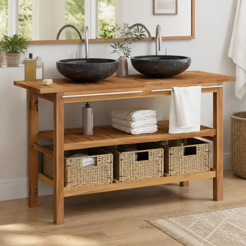 Solid Teak Wood Bathroom Vanity Unit with Dual Sinks