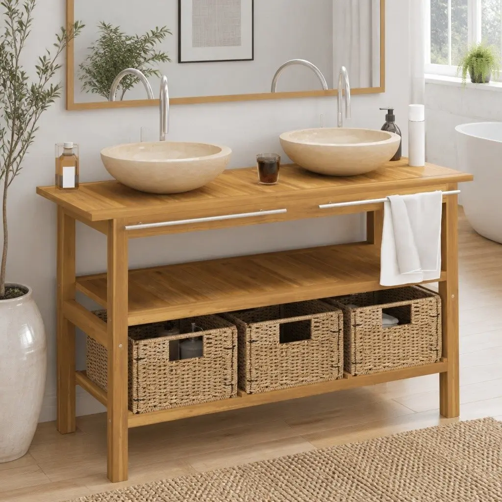 Bathroom Vanity Cabinet with 2 Marble Sinks Solid Teak Wood Storage Baskets