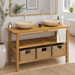 Bathroom Vanity Cabinet Dual Sink Storage Unit Solid Teak Wood 3 Baskets