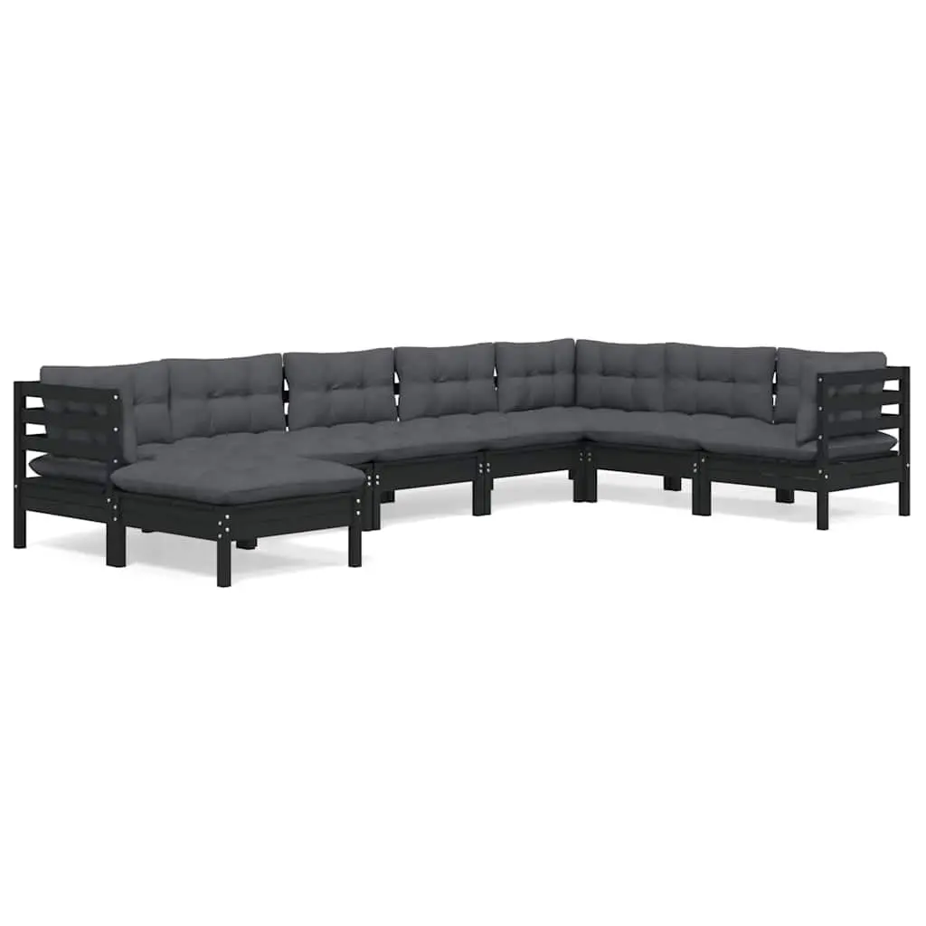 Garden Lounge Set 8 Piece Black Solid Pinewood Outdoor Furniture with Cushions