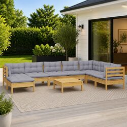 9-Piece Outdoor Lounge Set: Solid Pinewood & Grey Cushions