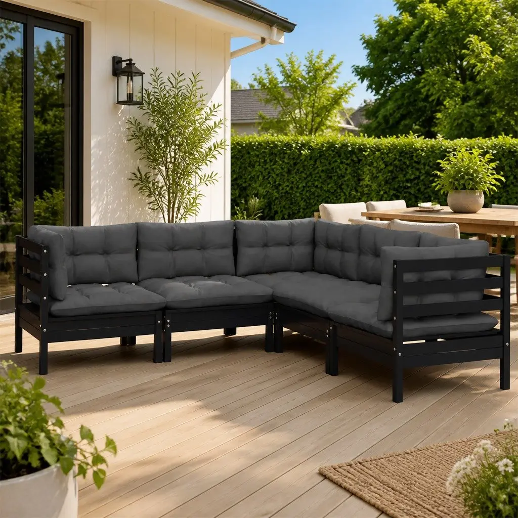 Garden Lounge Set Outdoor Patio Furniture 5 Piece Black with Cushions Modular